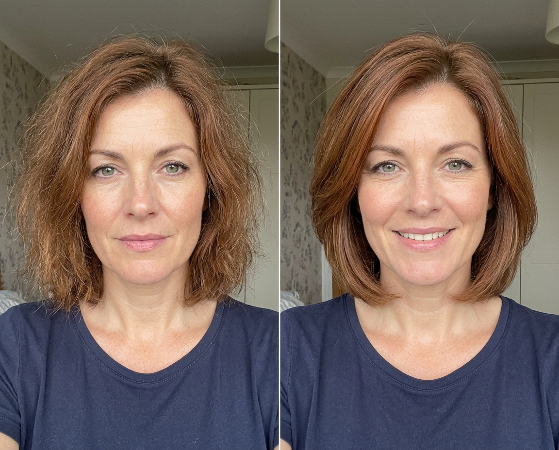 Rachel, 48 with layered auburn bob before and after styling with Aurise Sculpt