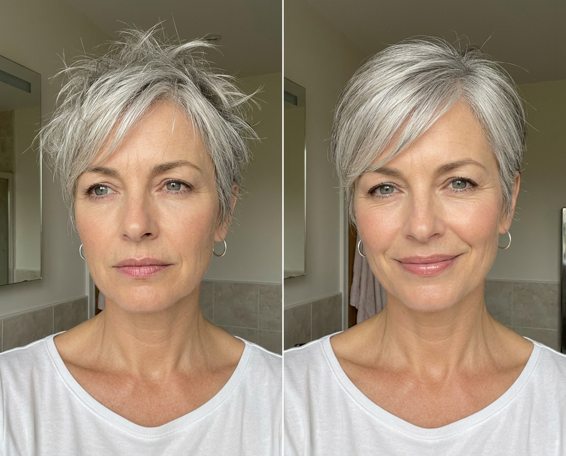 Helen, 55 with silver pixie cut before and after styling with Aurise Sculpt