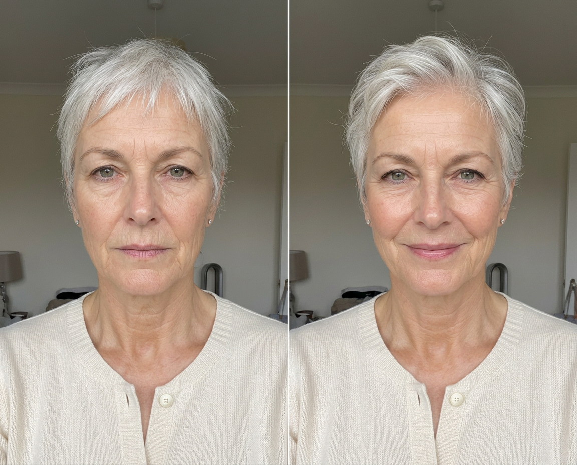 Susan, 71 with cropped white-grey hair before and after styling with Aurise Sculpt